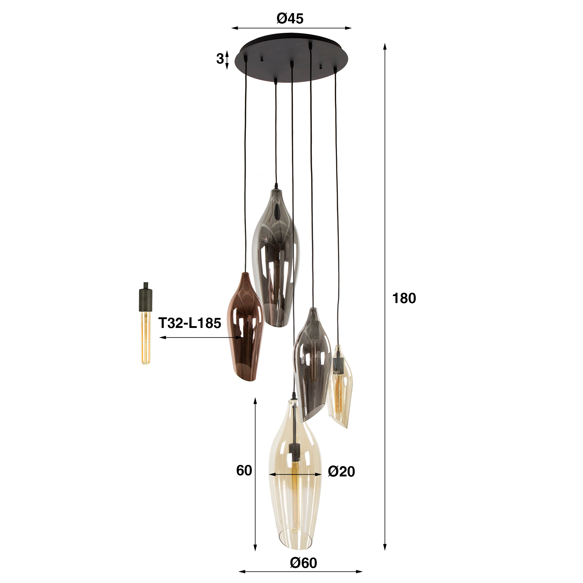 Lampada a sospensione 5L vetro misto cocoon a gradini / Nero