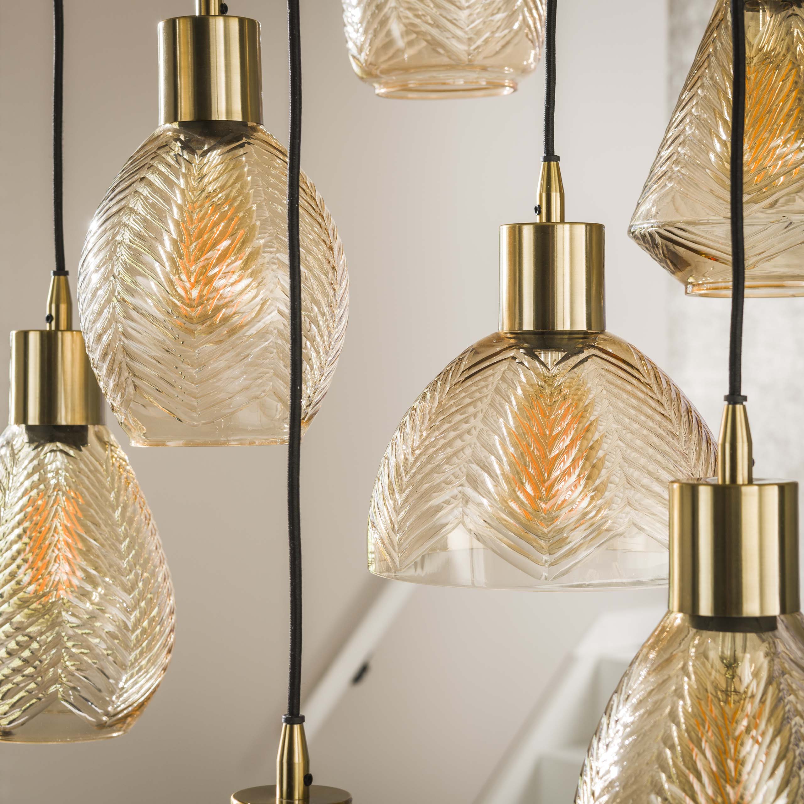 Lampada a sospensione 9L foglia a gradini / Vetro color ambra