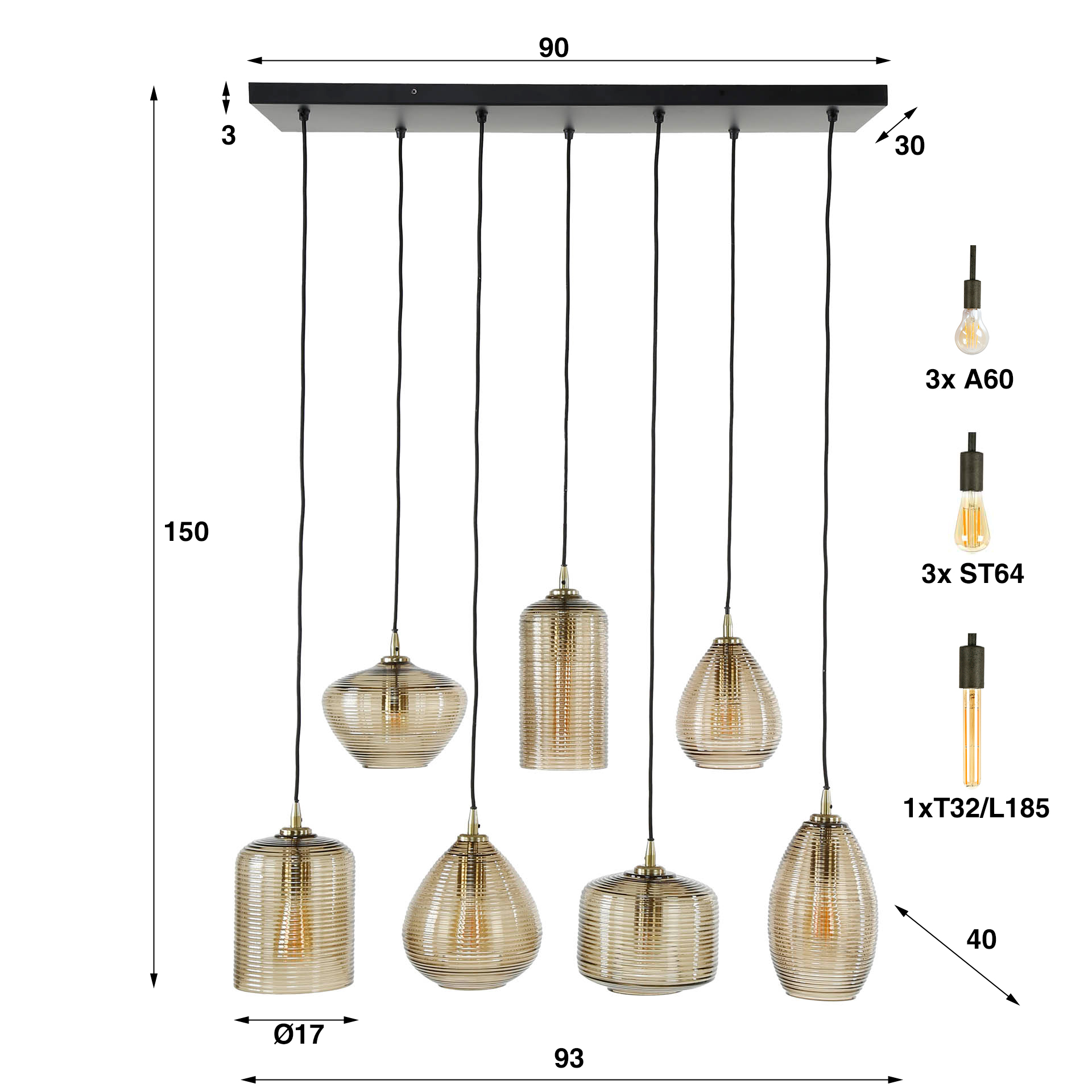 Lampada a sospensione Vetro 4+3 righe orizzontali / Vetro ambrato