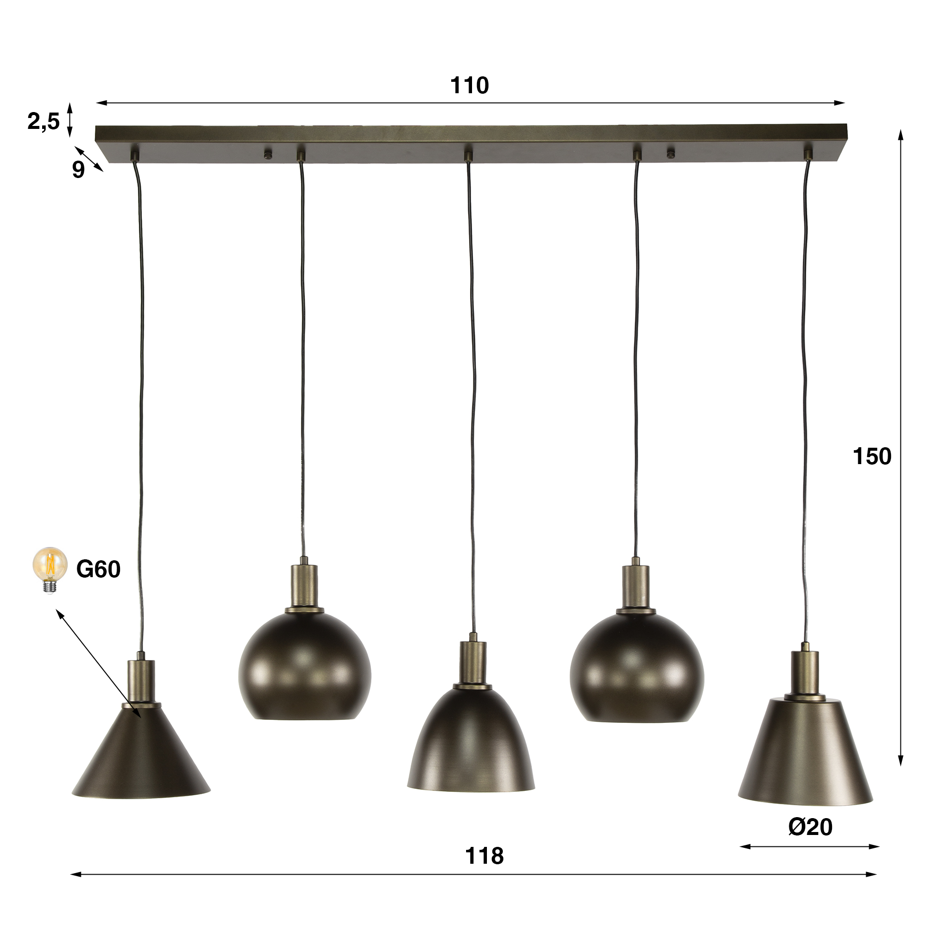 Hanging lamp Metallo 5-light - Sienna brown