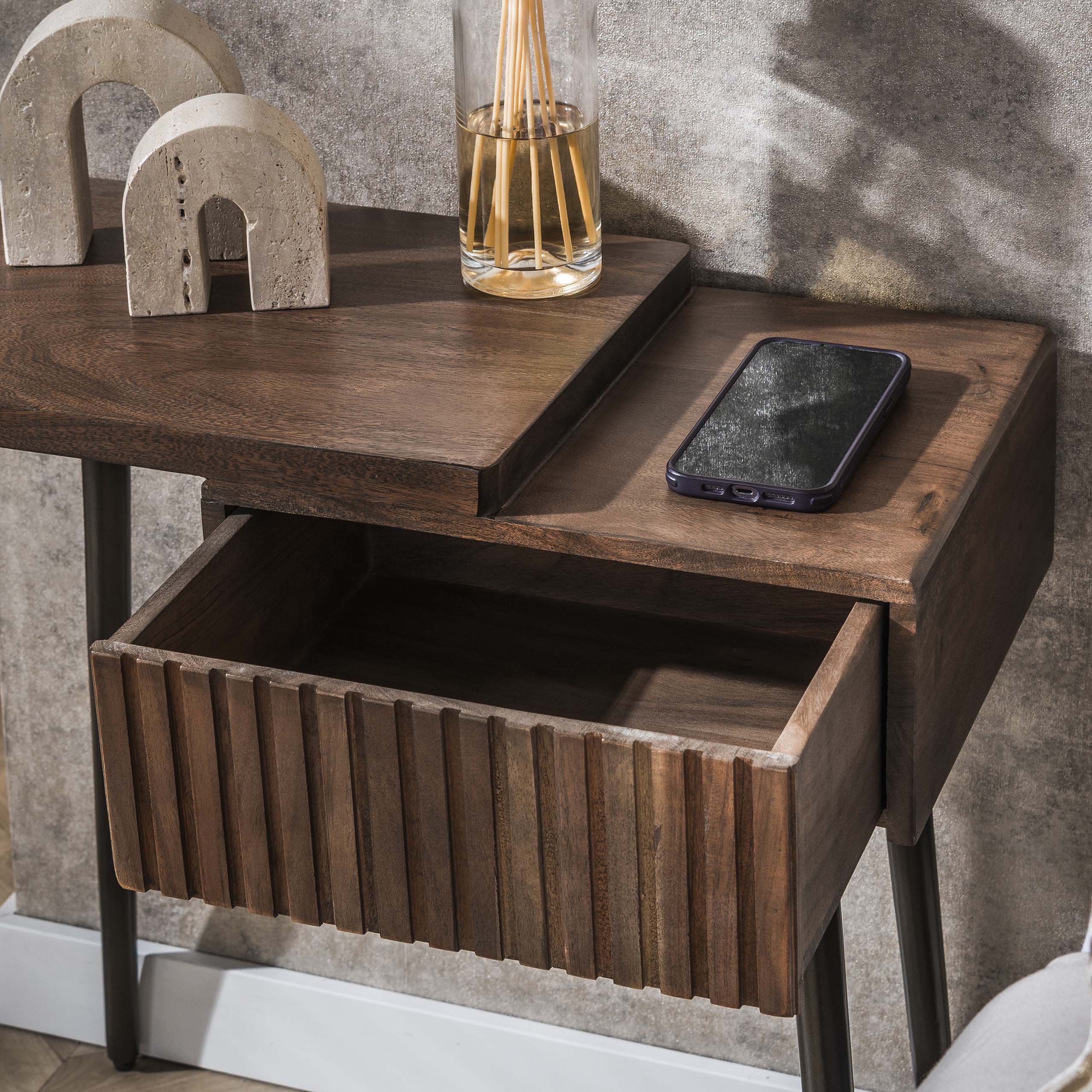 Bedside table Carve 1 drawer left - Solid acacia brown