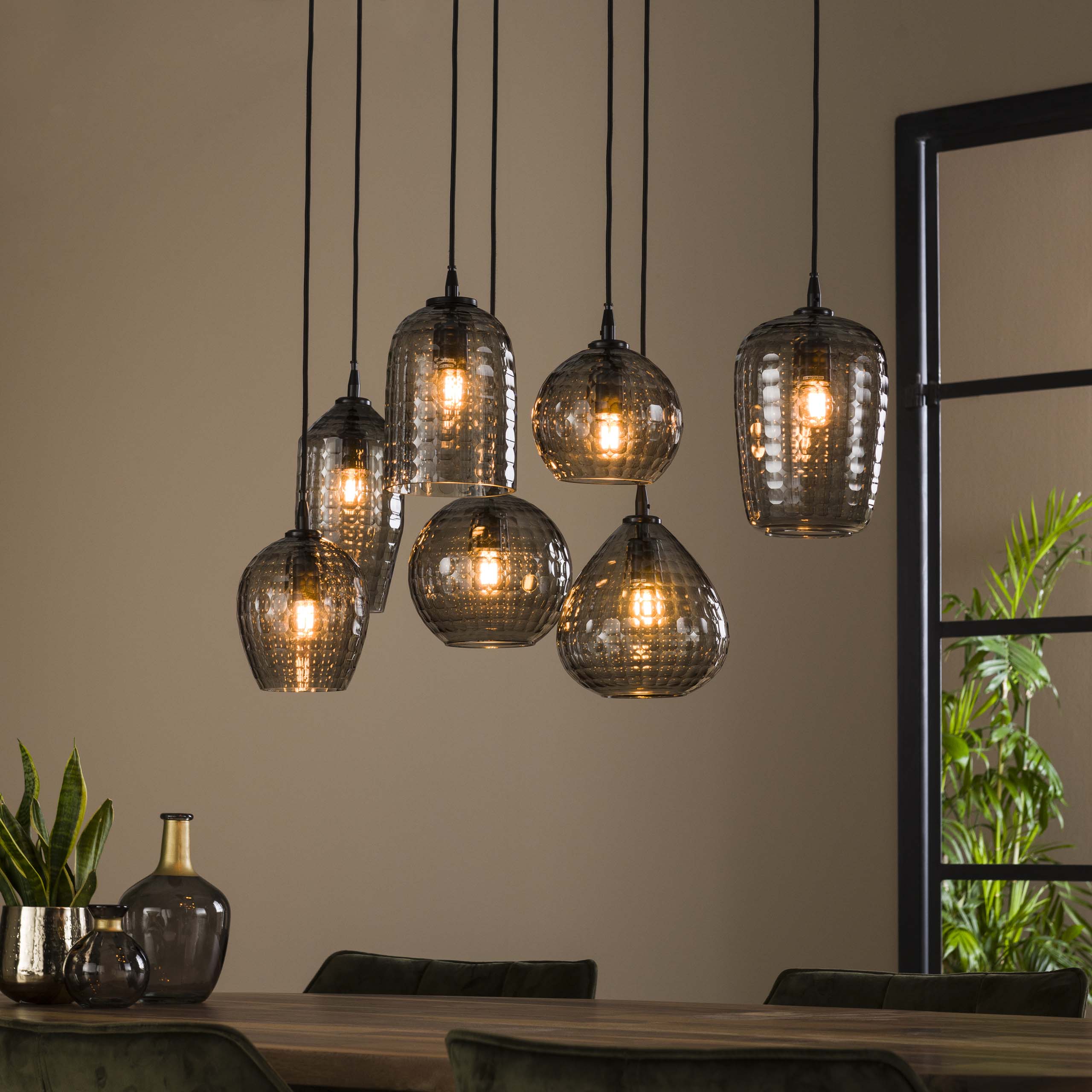 Hanging lamp Hexagon 4+3 lights - Smoke gray glass