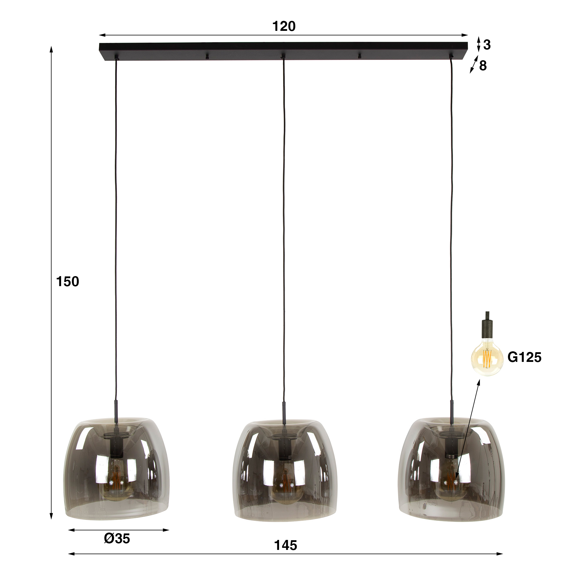 Hanging lamp 3L drift glass / Smoke gray glass