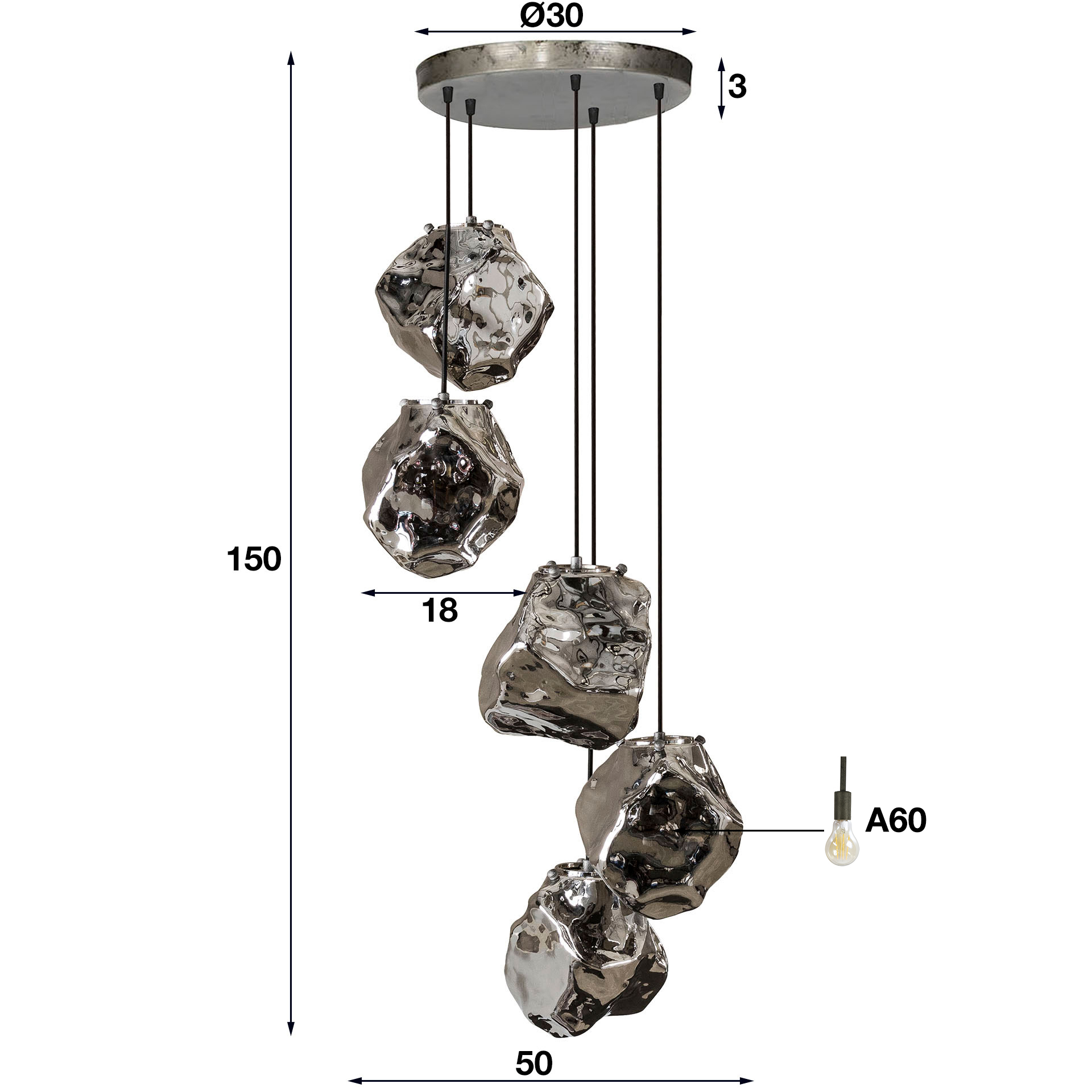 Lampada a sospensione 5L roccia a gradini / Vetro cromato