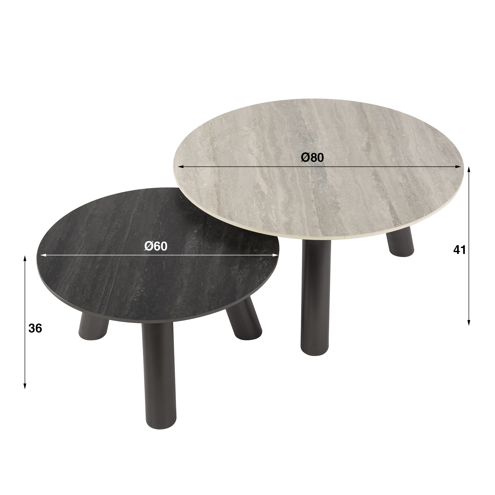 Tavolino Twin rotondo - Set di 2 - Travertino nero/grigio