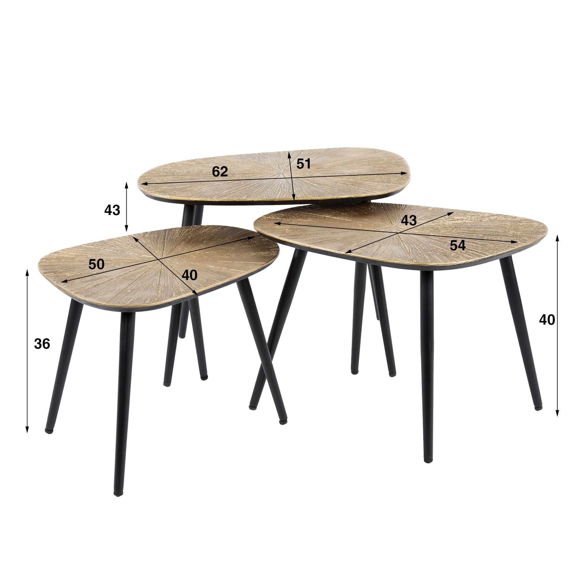 Tavolino Ray quadrangolare - Set di 3 - Oro antico