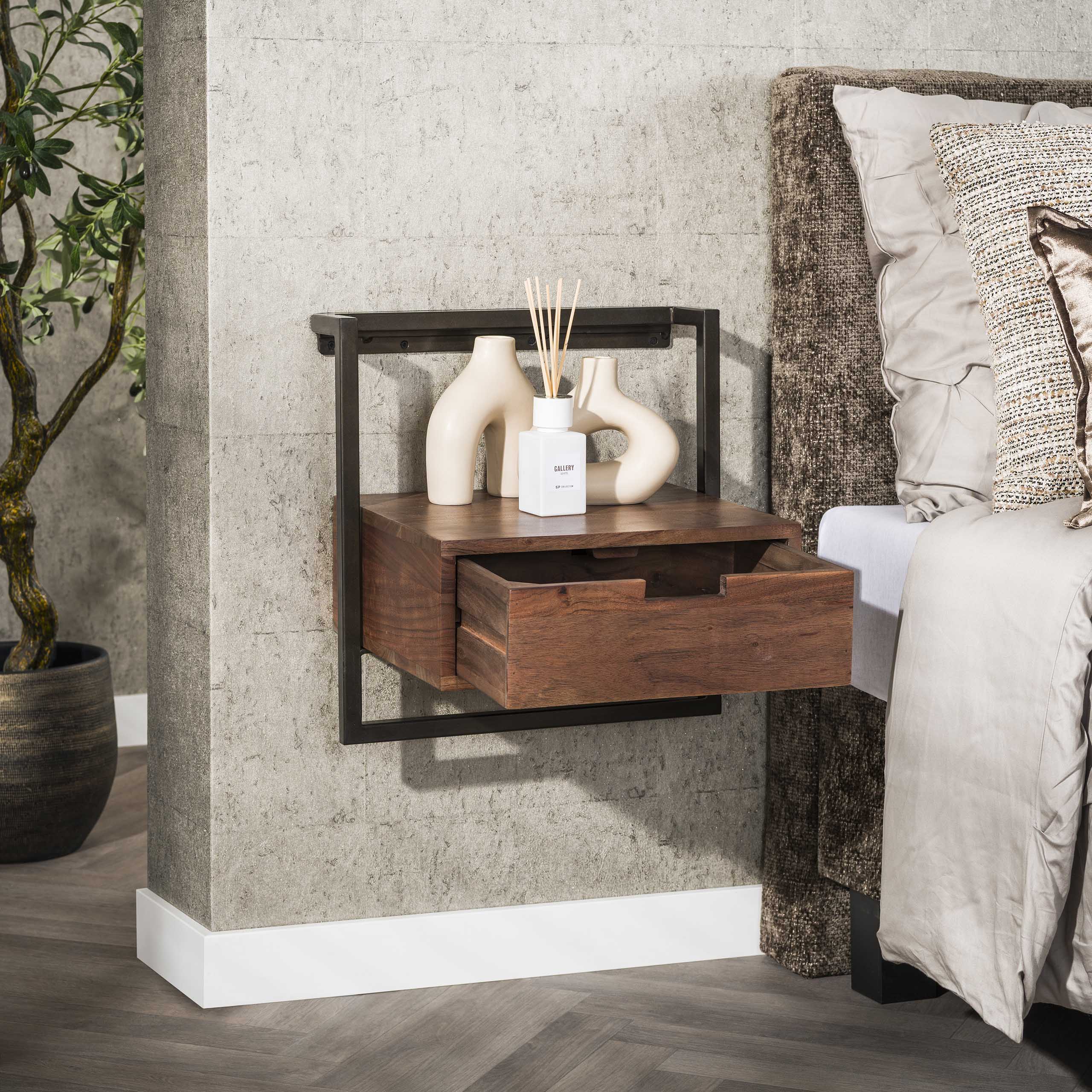 Bedside table Air Solid 1 drawer - Solid acacia brown