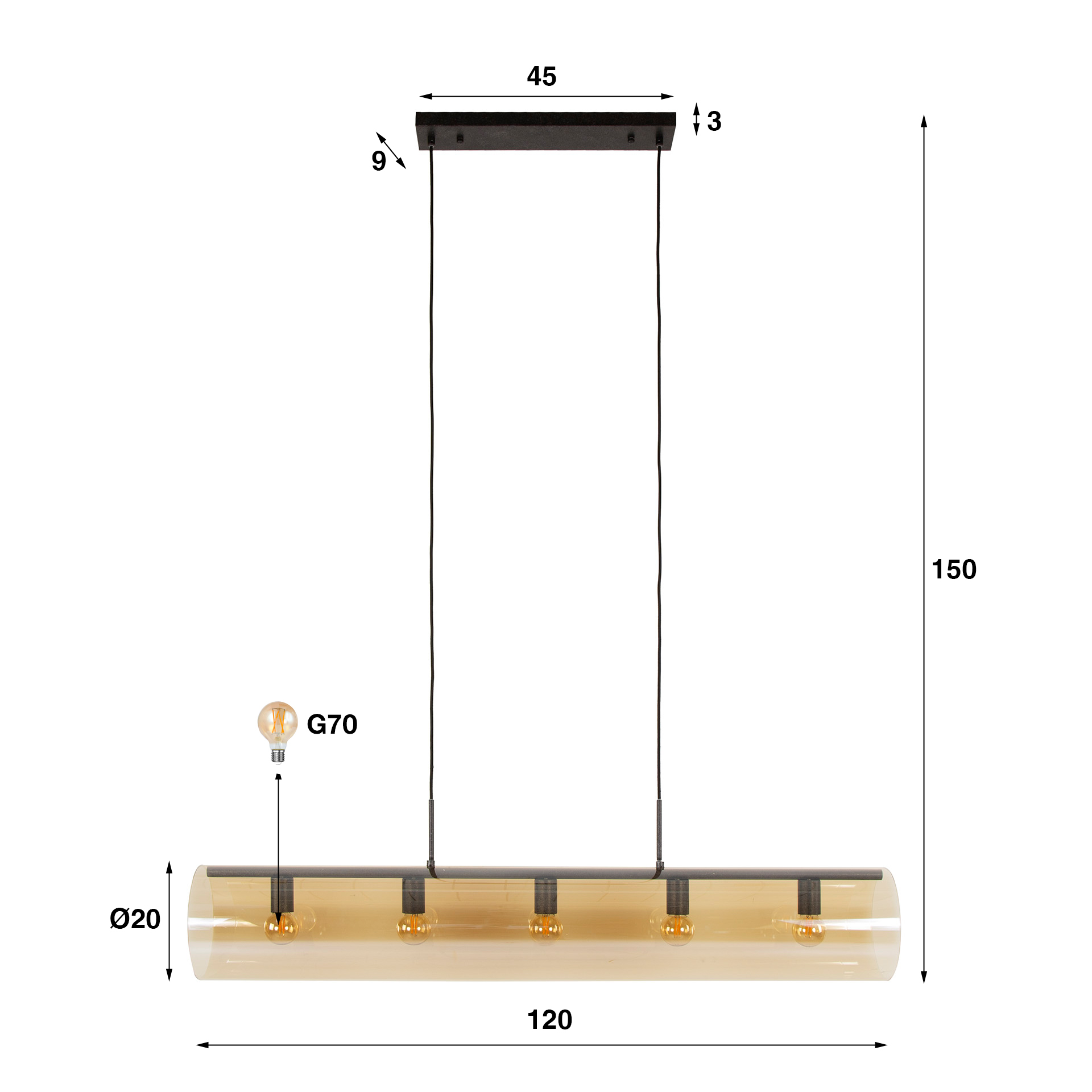 Lampada a sospensione tubo 5L vetro ambrato / nero artico