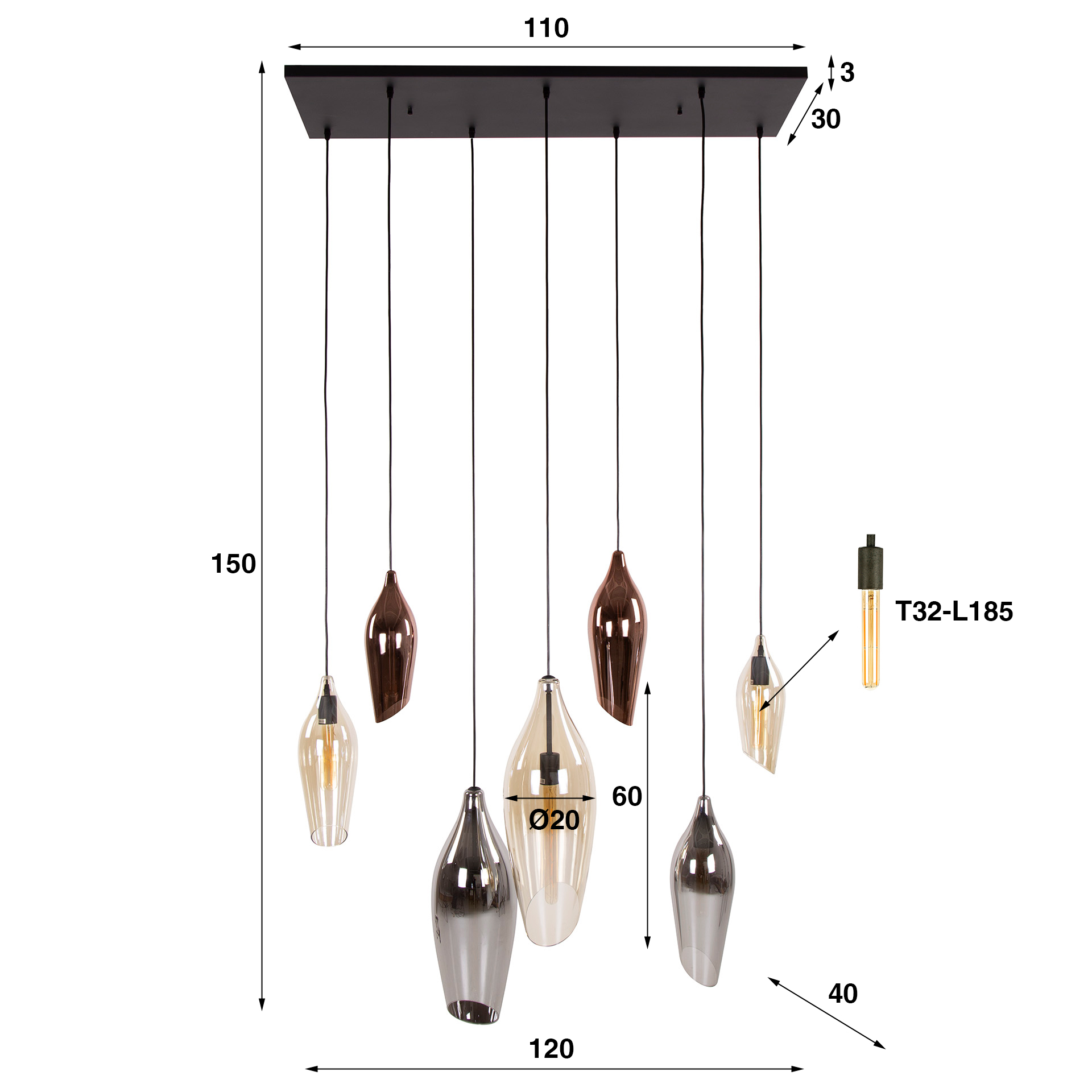 Hanging lamp 4+3 cocoon mix glass / Black