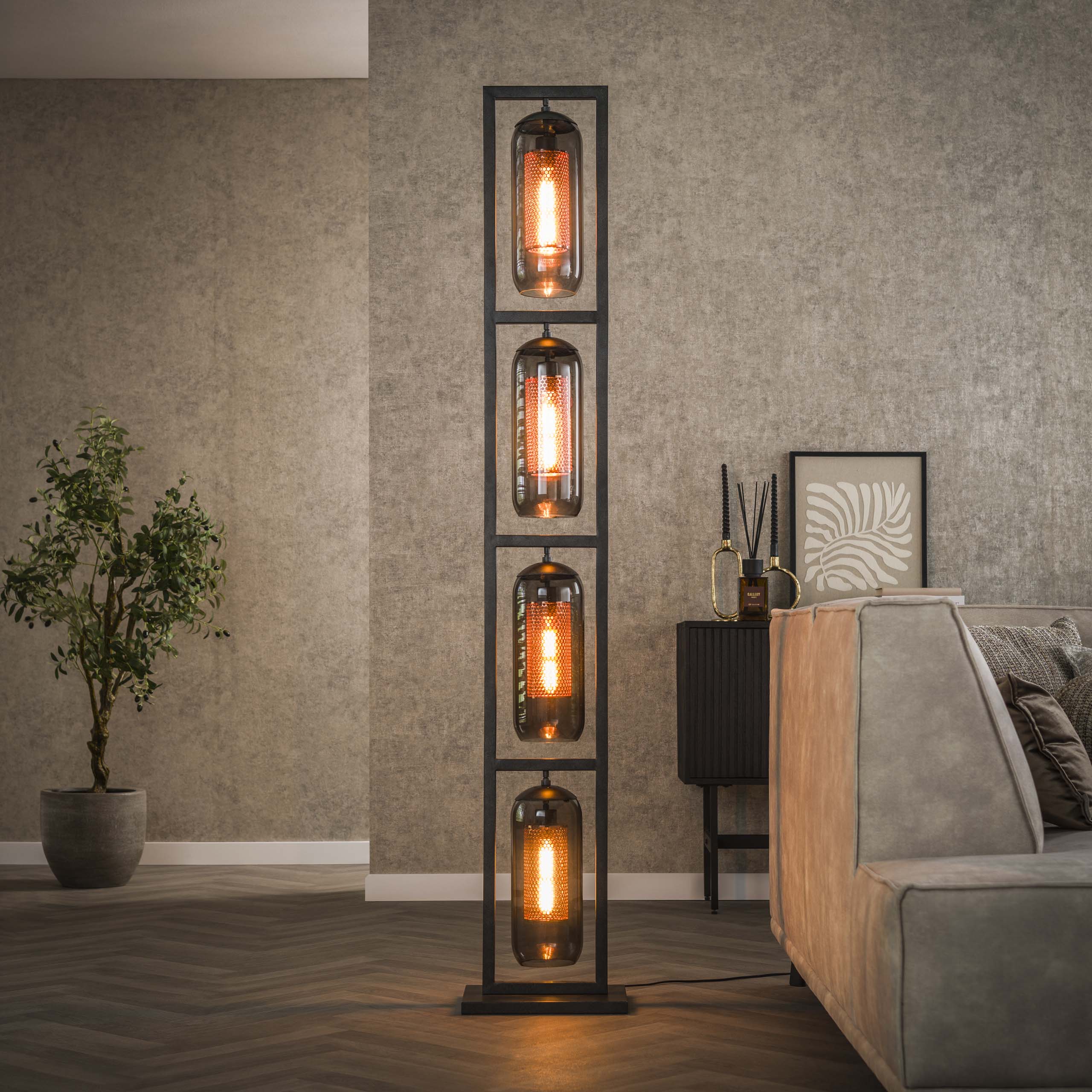 Lampada da terra 4L torre in vetro fumé traforato acciaio / nero artico