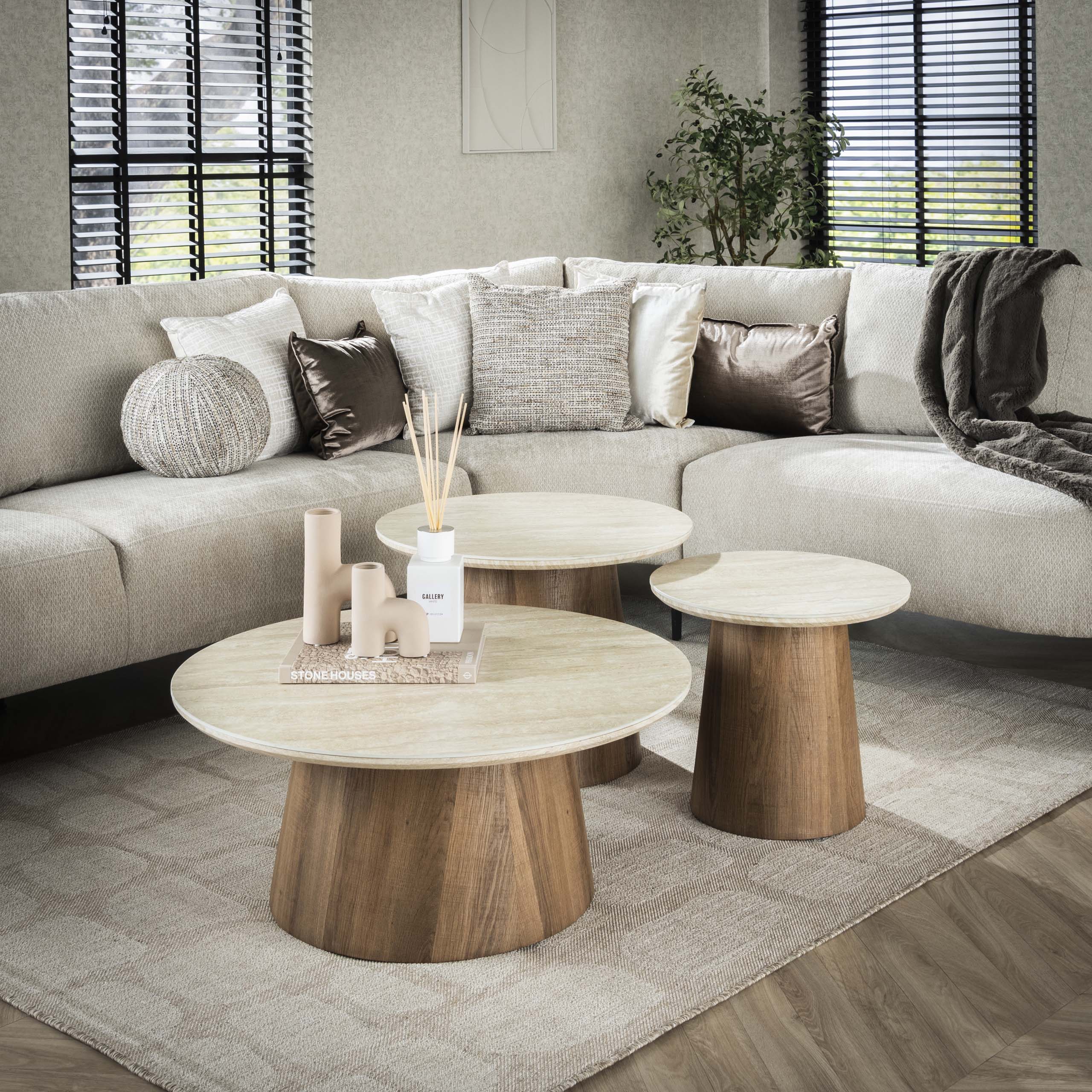 Tavolino Romano rotondo - Set di 3 - Ceramica travertino