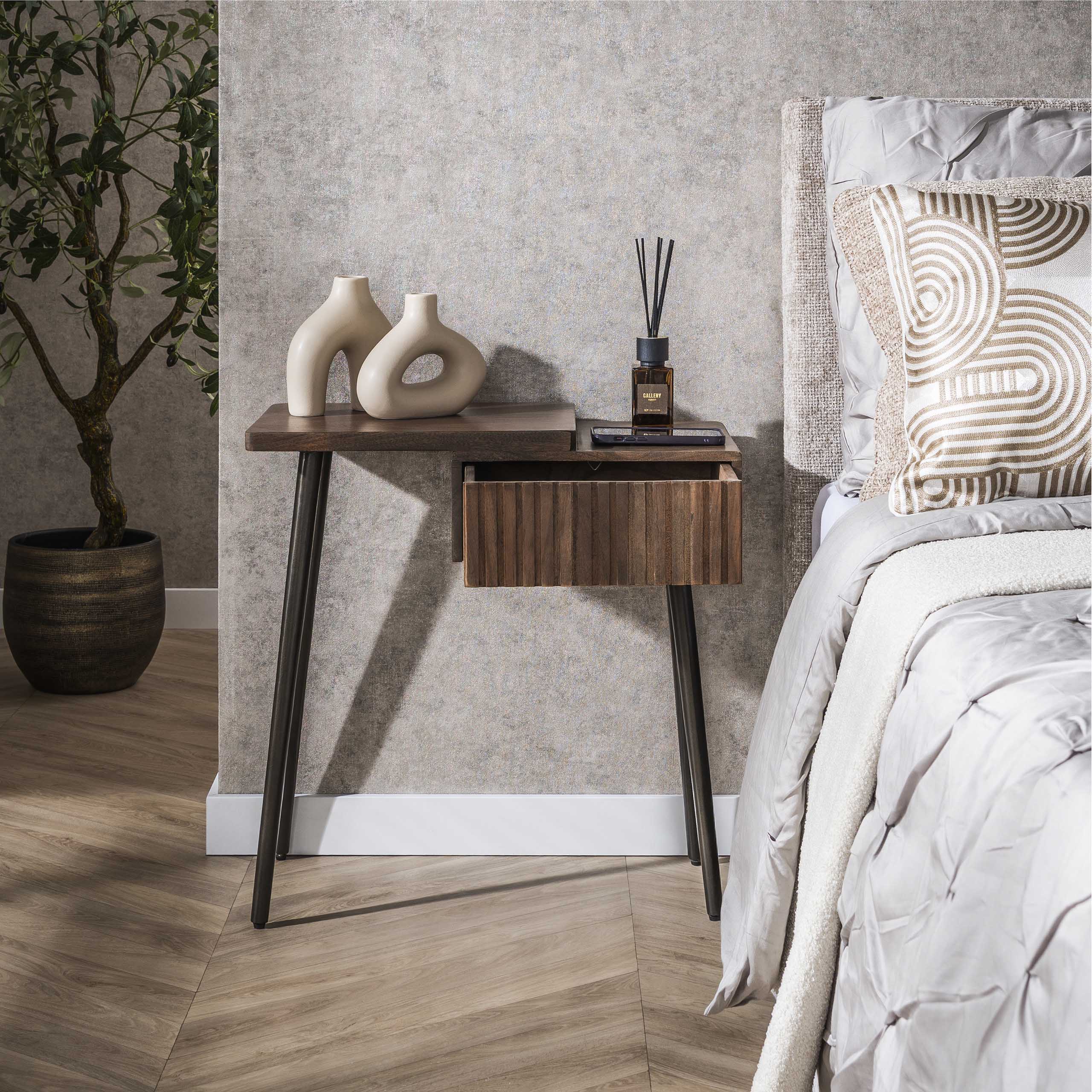 Bedside table Carve 1 drawer left - Solid acacia brown