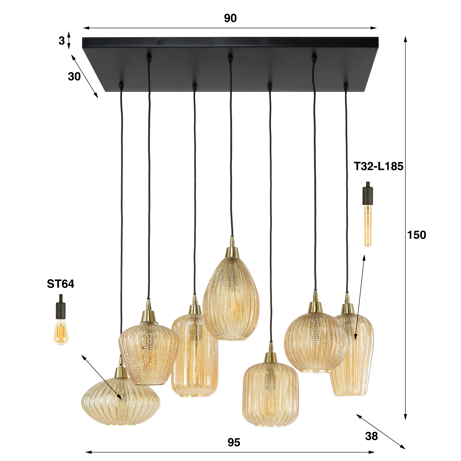Hanging lamp 4+3 V-shape pattern mix / Amber-colored glass