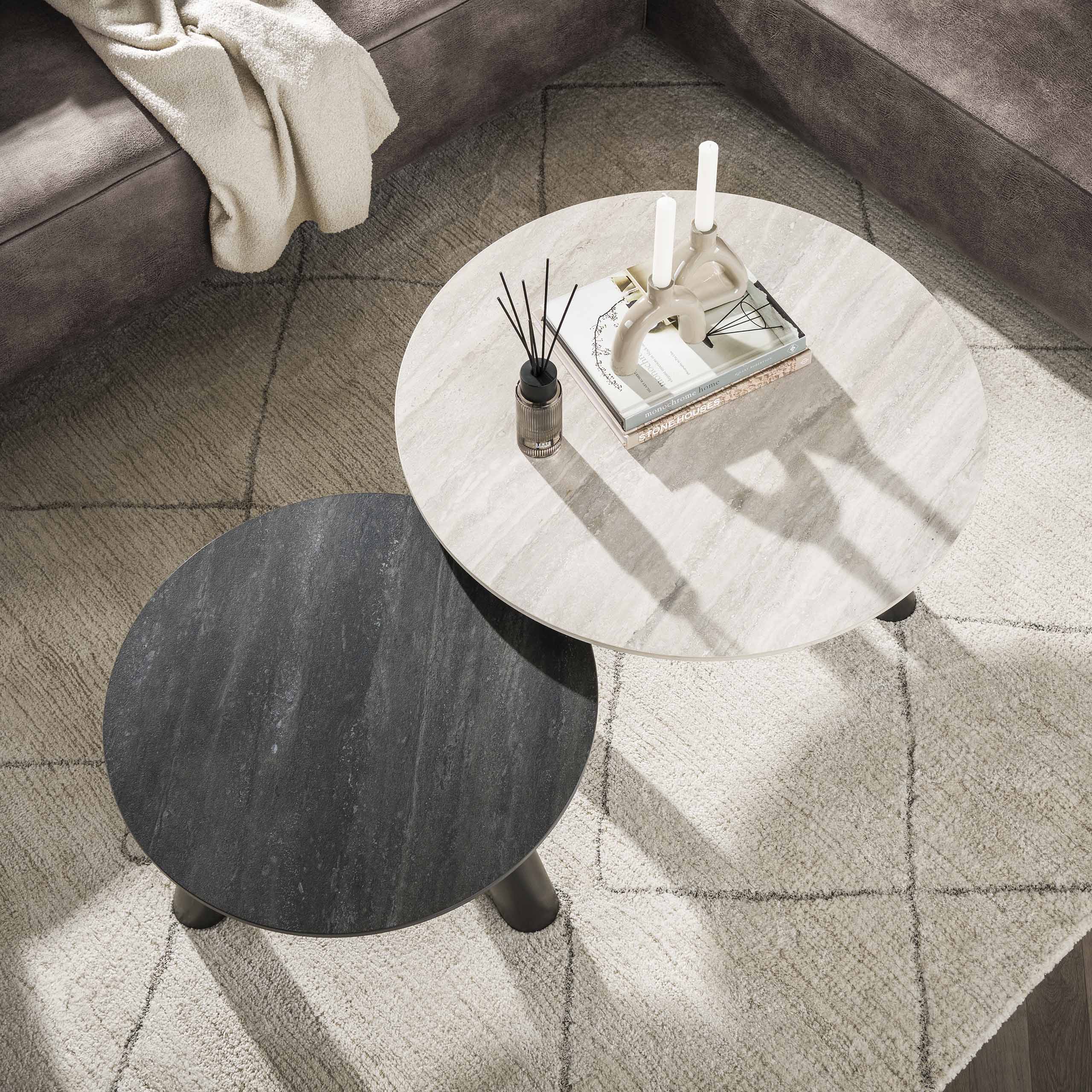 Tavolino Twin rotondo - Set di 2 - Travertino nero/grigio