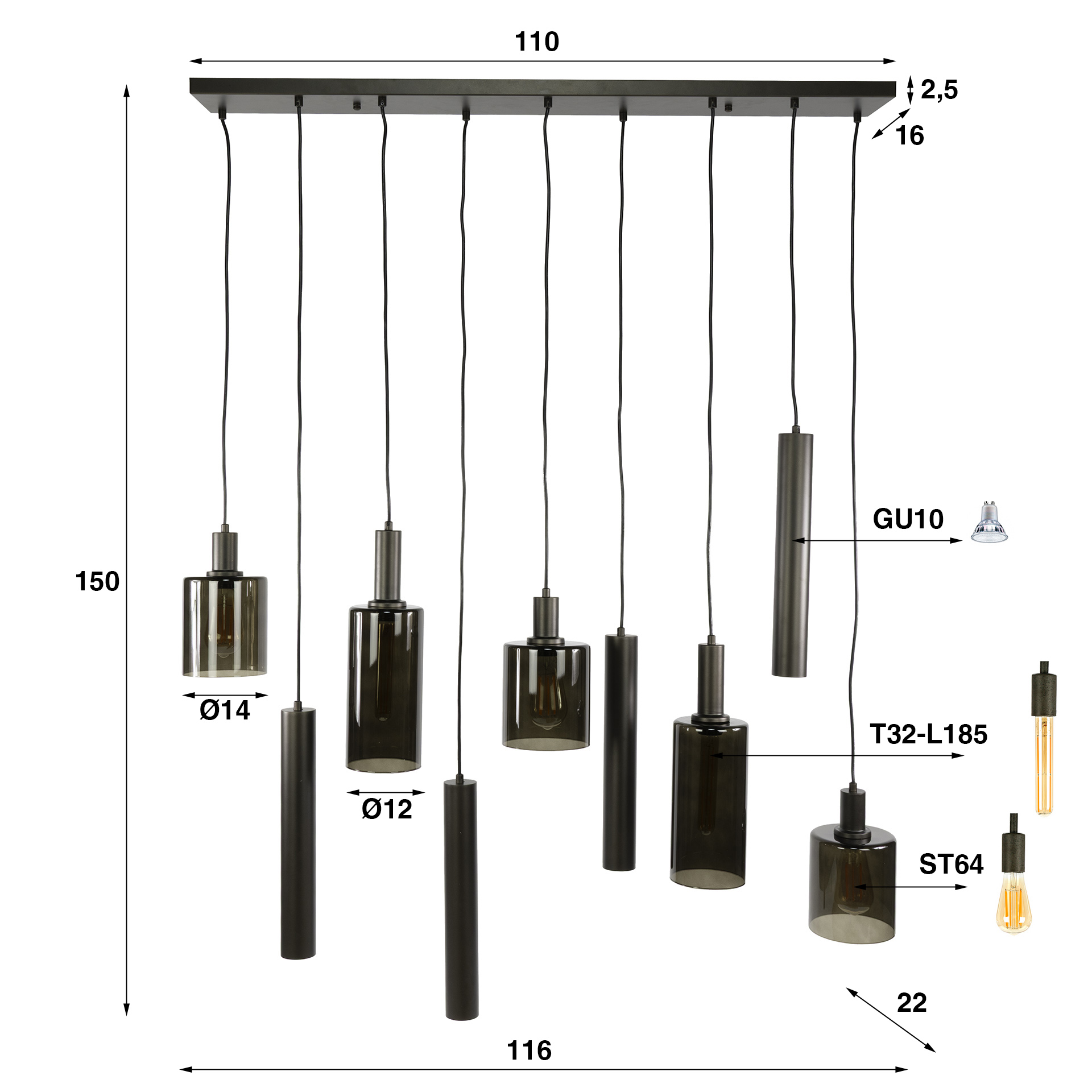 Lampada a sospensione Sepiora 5+4 luci - Marrone Terra di Siena