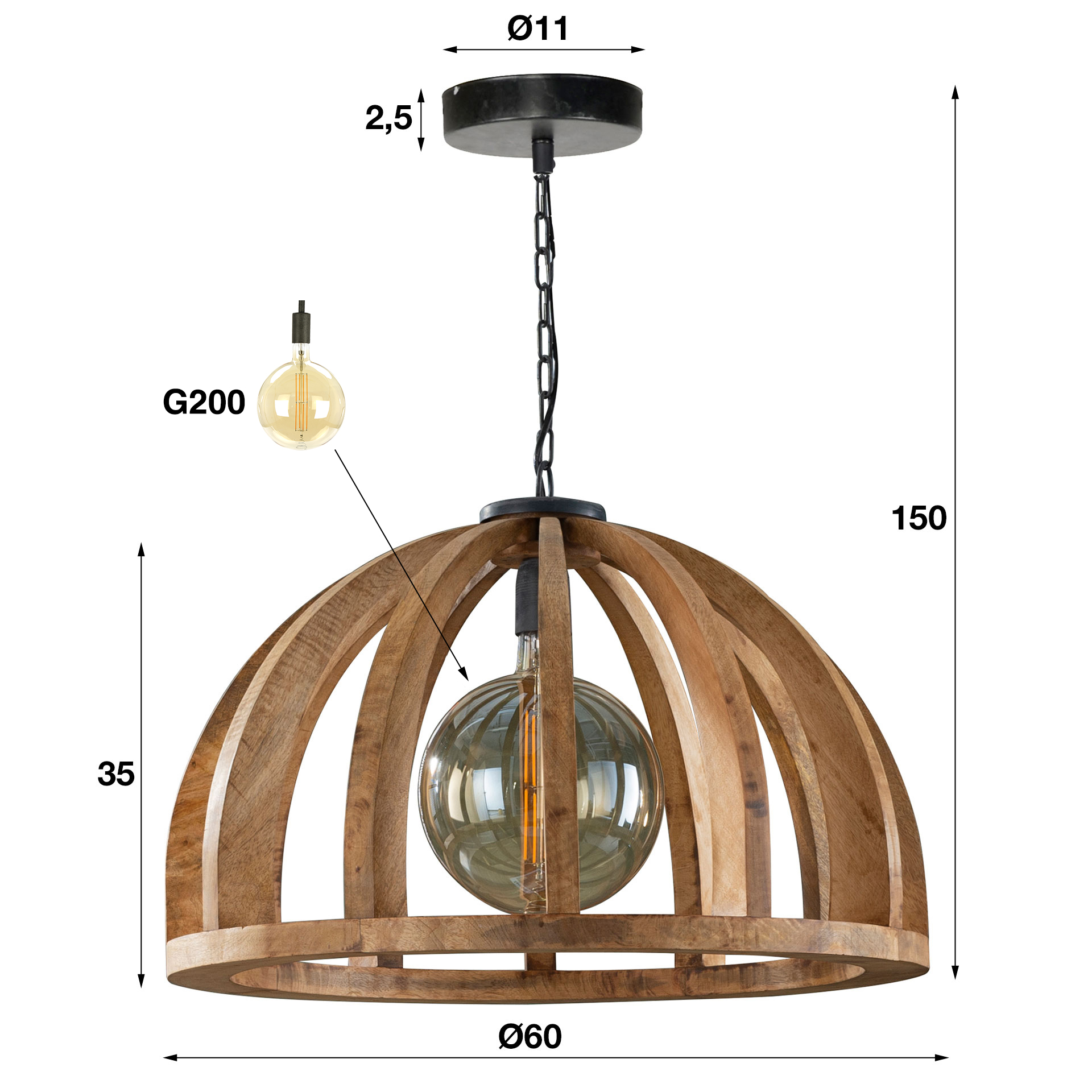 Lampada a sospensione Orba 1 luce Ø60 cm - Mango massiccio