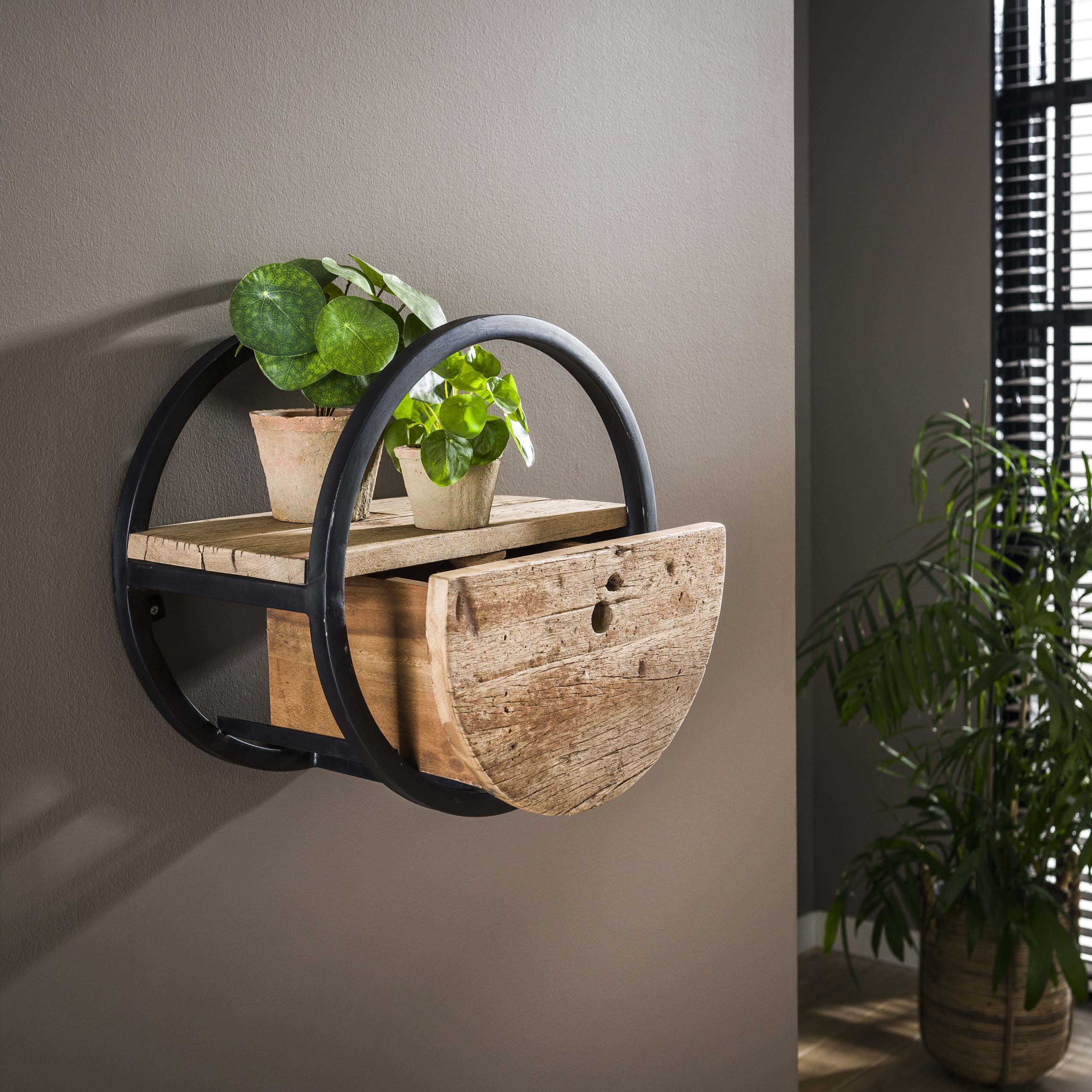 Circular wall shelf Ø40 with drawer / Robust hardwood
