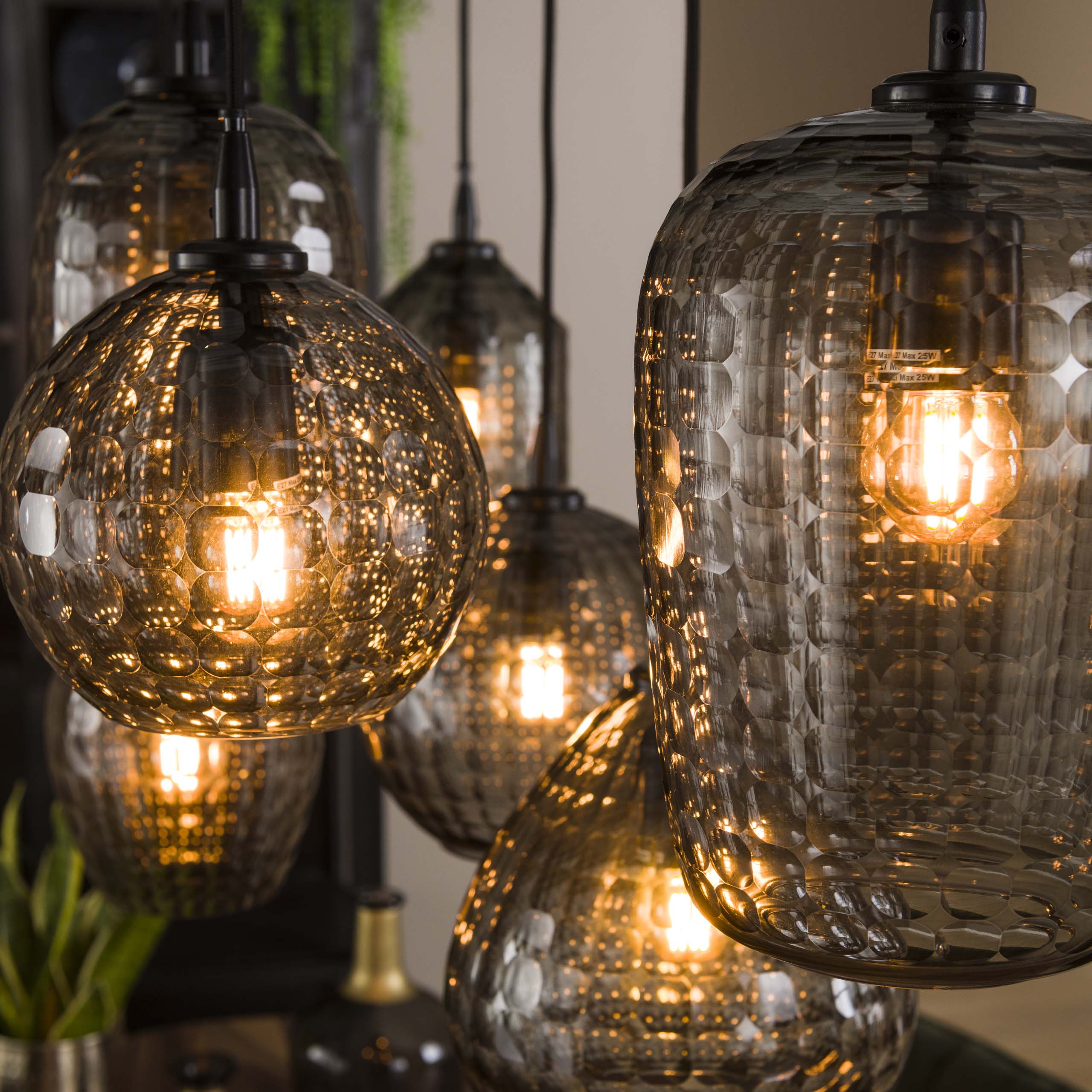 Hanging lamp Hexagon 4+3 lights - Smoke gray glass