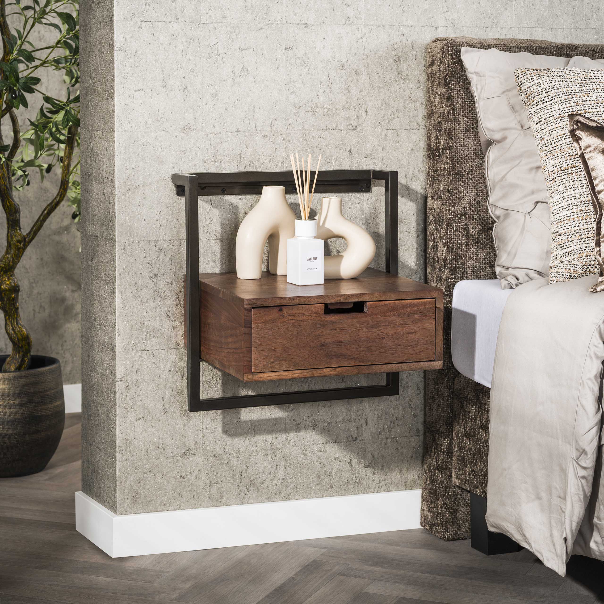 Bedside table Air Solid 1 drawer - Solid acacia brown