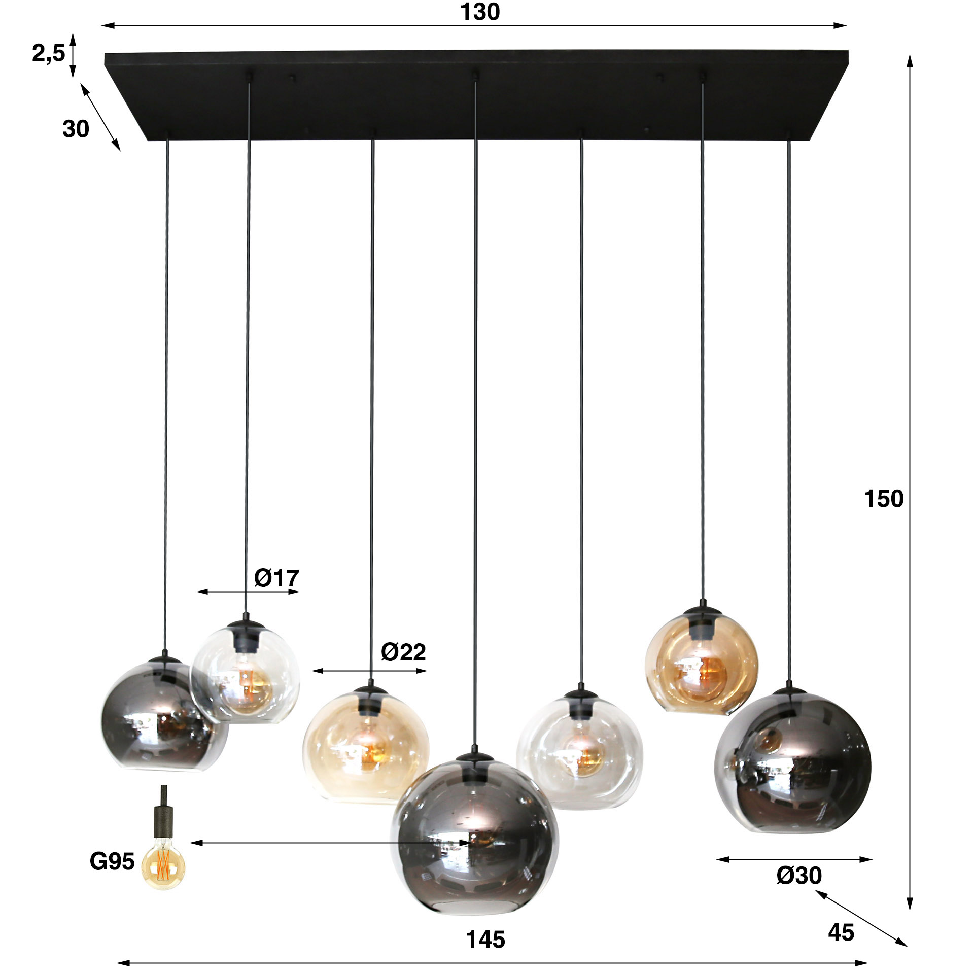Lampada a sospensione 4+3 multi globo XL / Artic nero