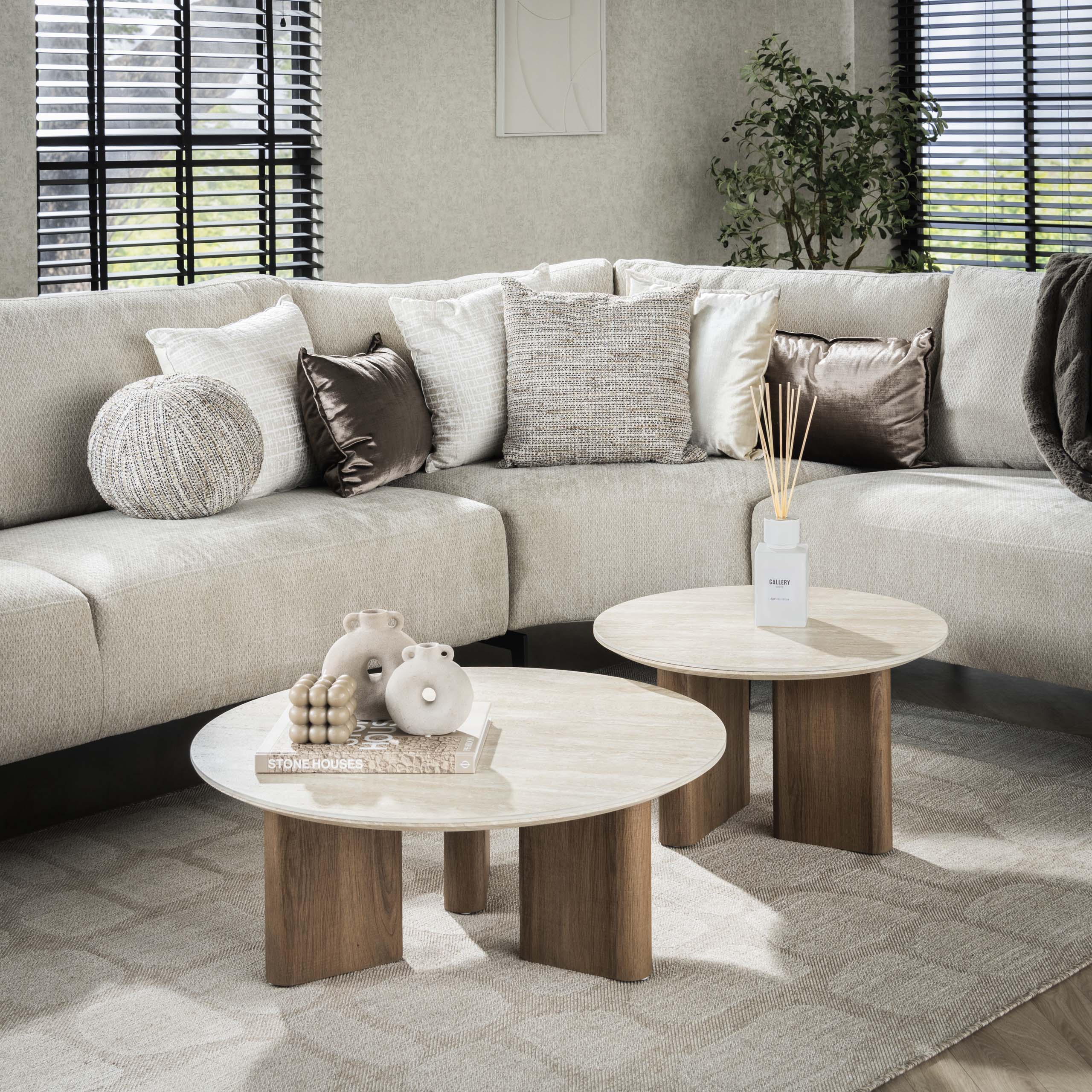 Tavolino Romano rotondo - Set di 2 - Ceramica travertino