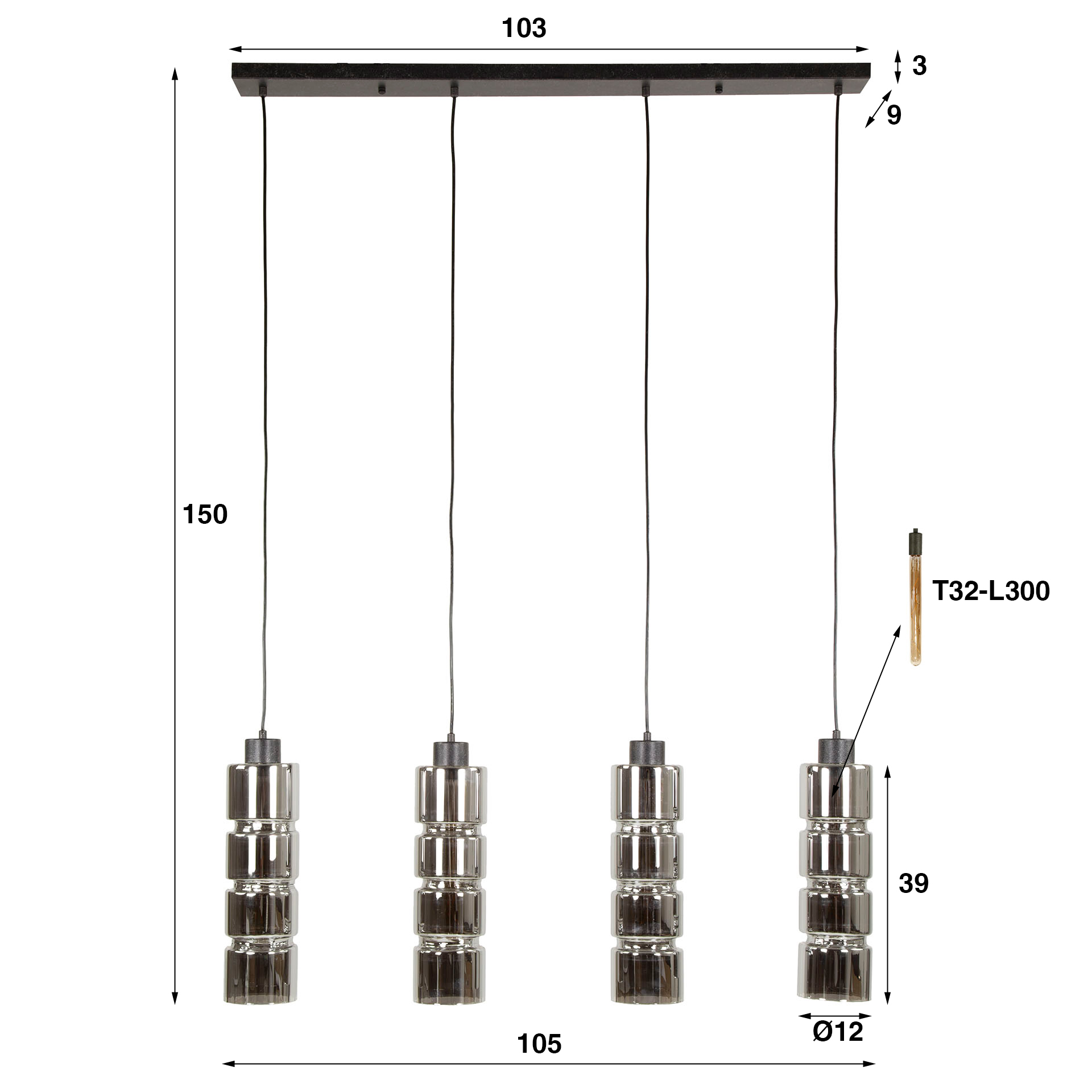 Lampada a sospensione in vetro cilindrico da 4 litri / Nero artico