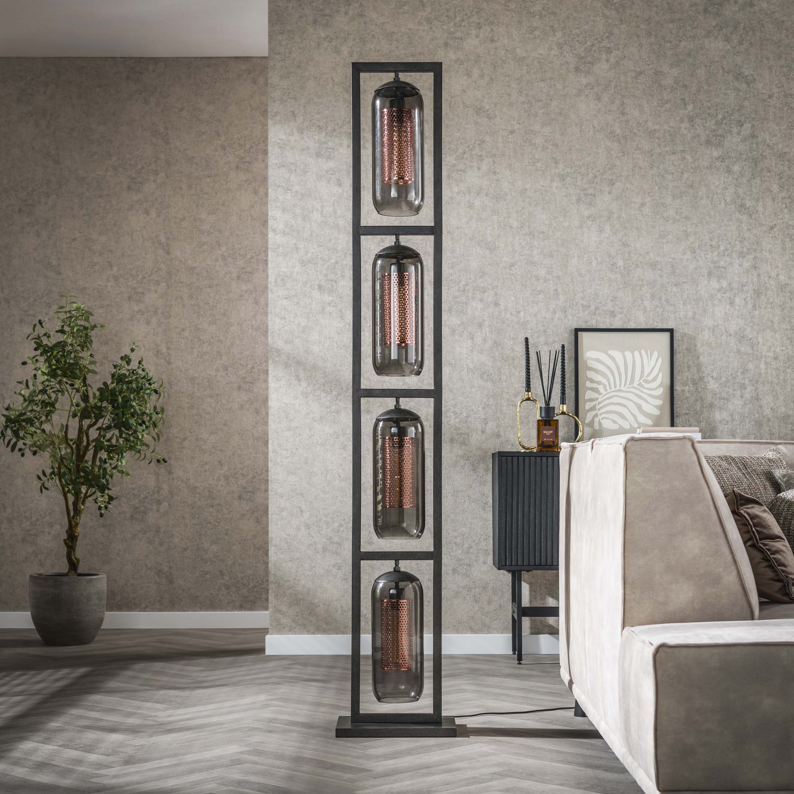 Lampada da terra 4L torre in vetro fumé traforato acciaio / nero artico