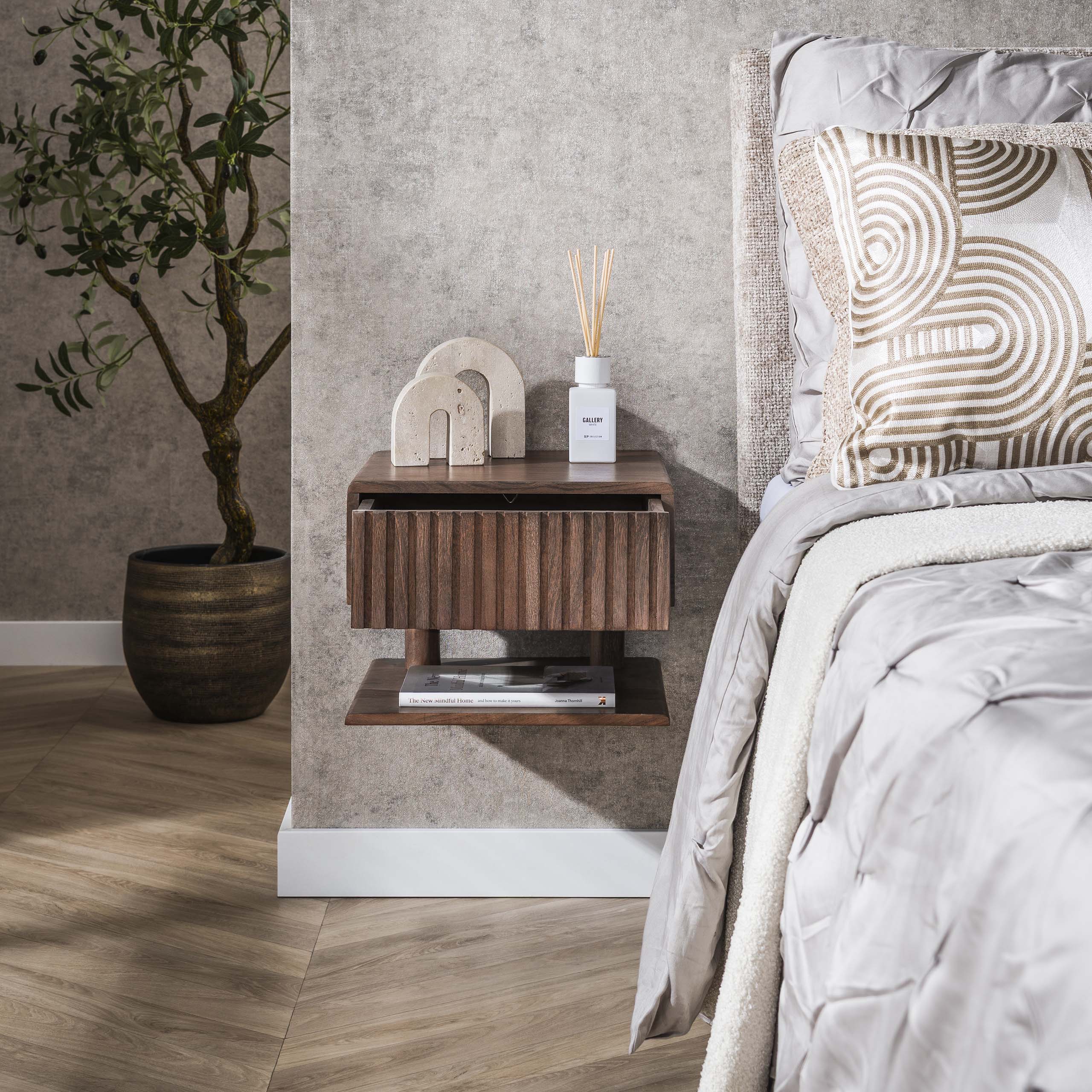 Bedside table Carve Shelve floating - 1 drawer - Acacia brown