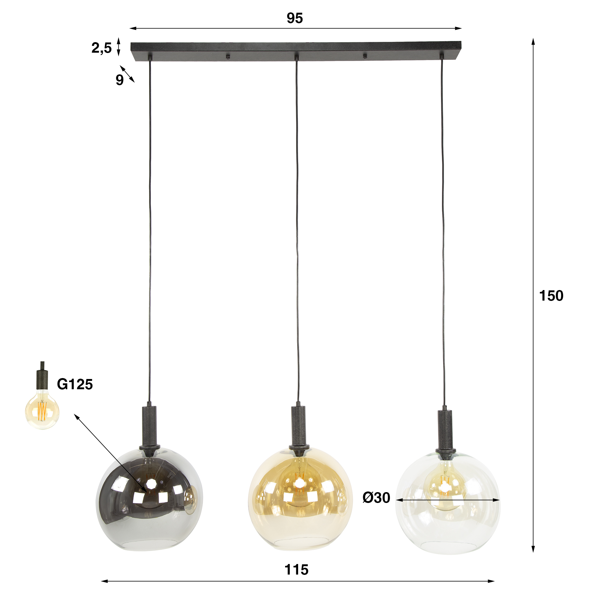 Hanging lamp Sfera Tricolore 3-light - Artic black