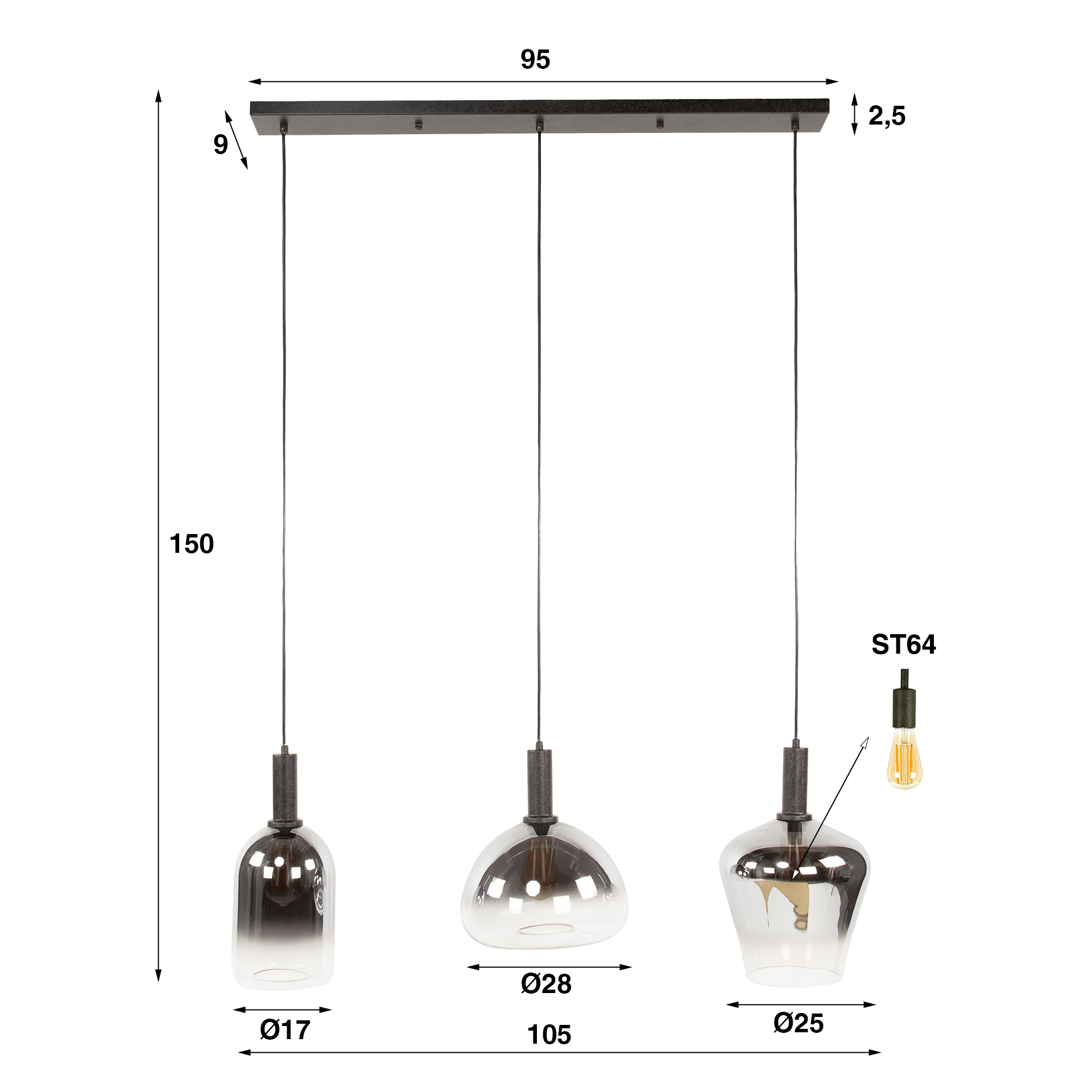 Hanging lamp Zenith 3-light - Artic black