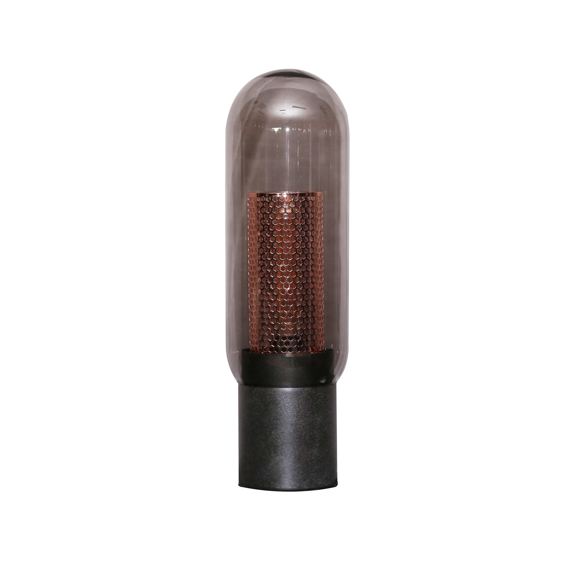 Lampada da tavolo in acciaio traforato con vetro fumé / Nero artico