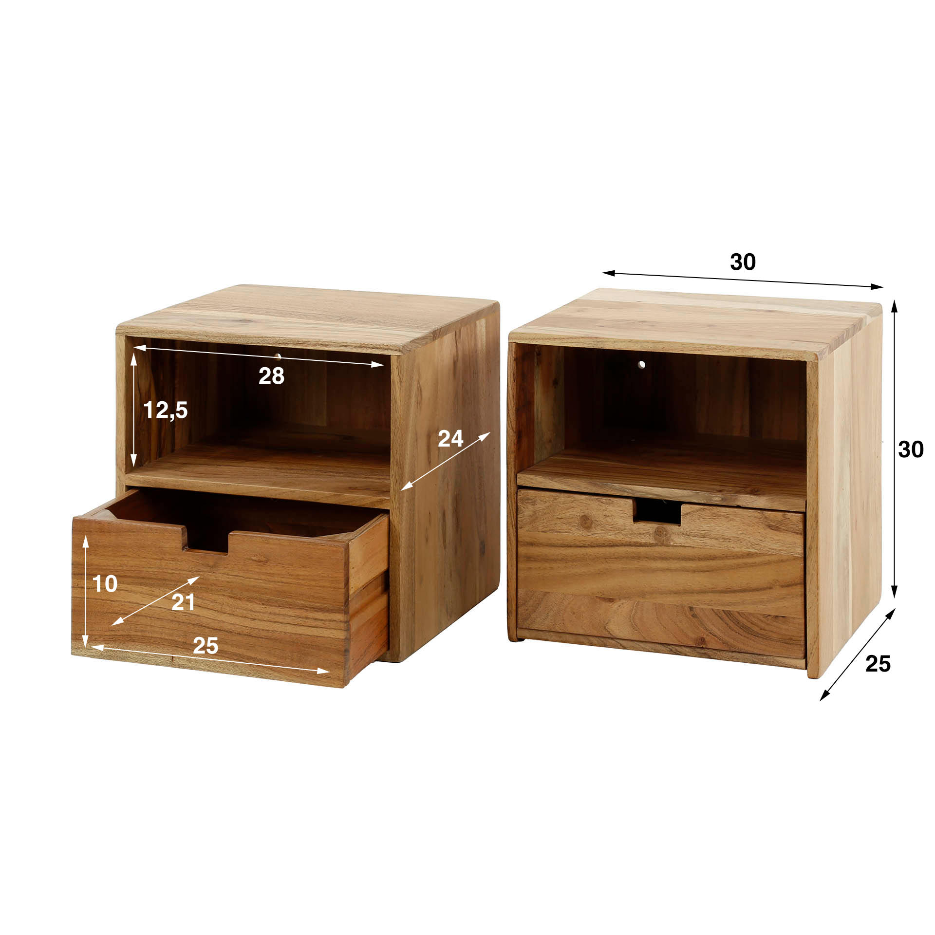 Set comodino/2 XS sospeso piatto/Acacia massiccia naturale