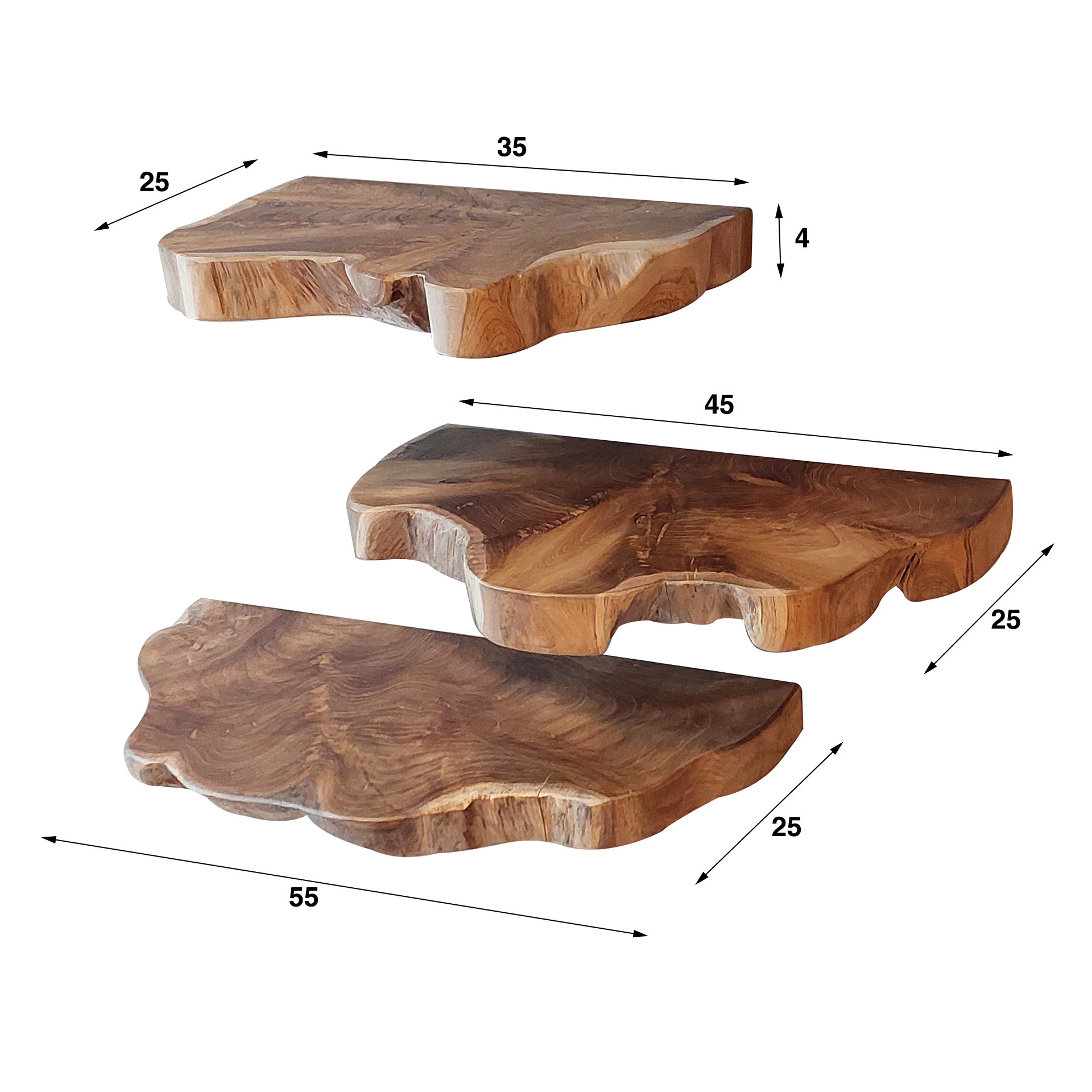 Wall shelf natural line set/3 / Solid recycled teak wood