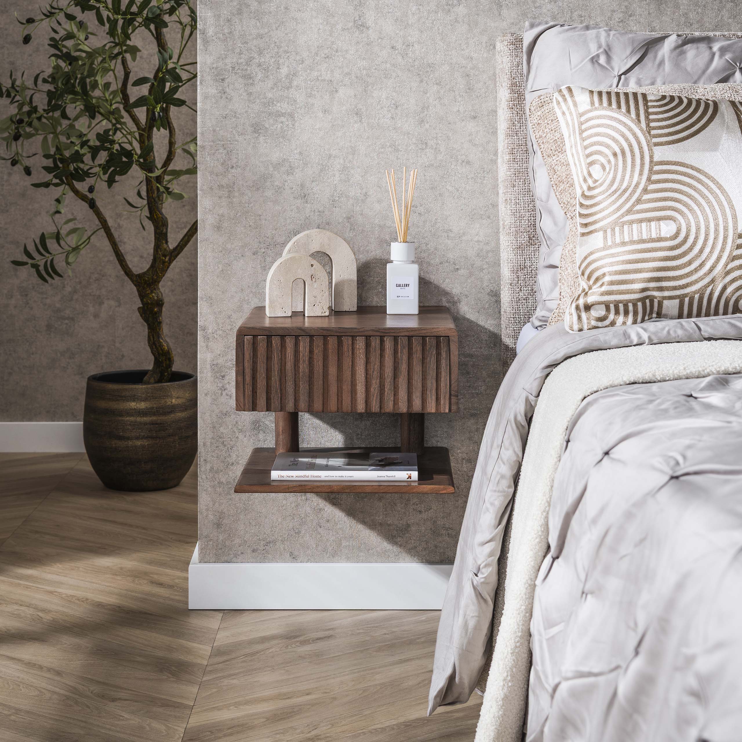 Bedside table Carve Shelve floating - 1 drawer - Acacia brown