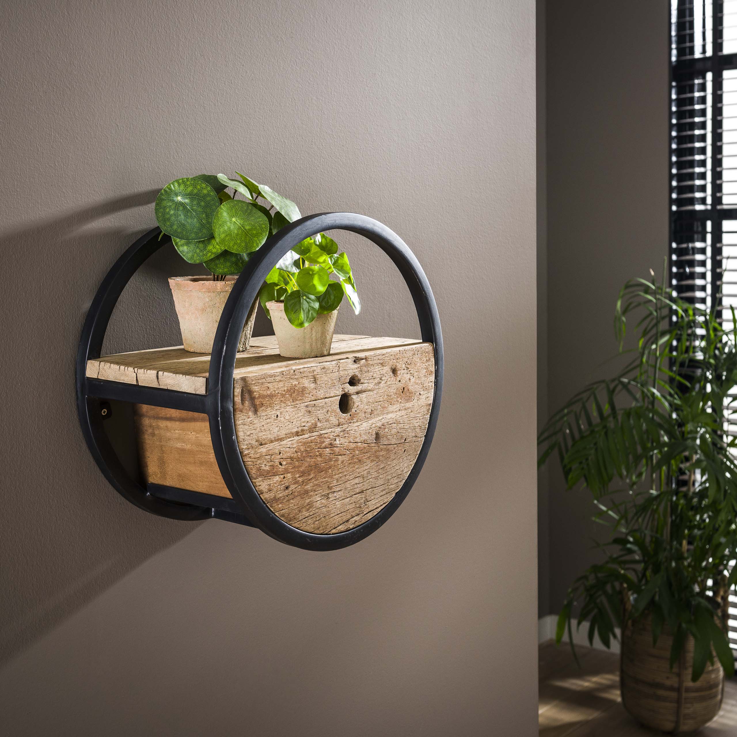 Circular wall shelf Ø40 with drawer / Robust hardwood