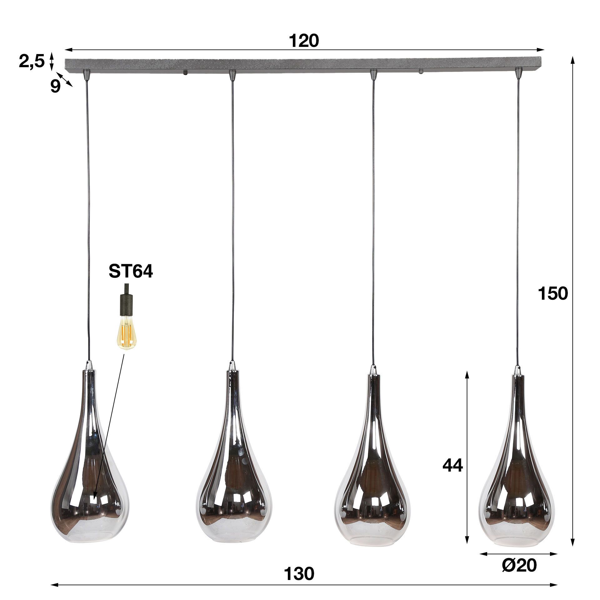 Lampada a sospensione 4L vetro goccia argento / Vetro cromato