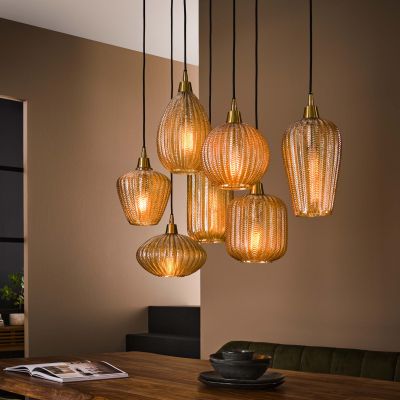 Lampada a sospensione 4+3 mix di motivi a V / Vetro ambrato