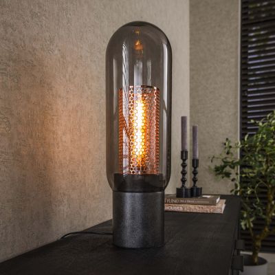 Lampada da tavolo in acciaio traforato con vetro fumé / Nero artico