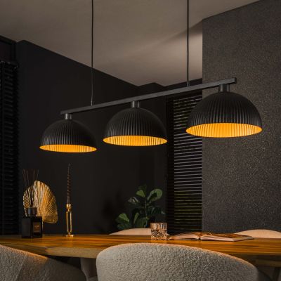 Lampada a sospensione 3L con paralume semicircolare rigato / Nero artico