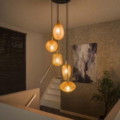 Lampada a sospensione 5L con motivo a V a gradini / Vetro color ambra